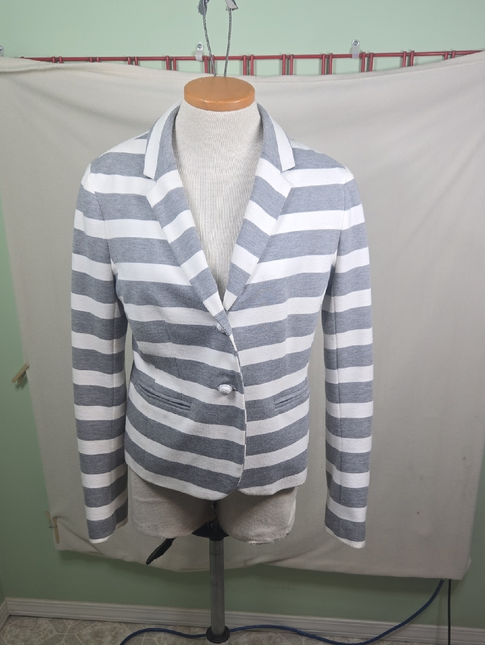 GAP Women's Gray and White Striped Knit Blazer The Academy Blazer